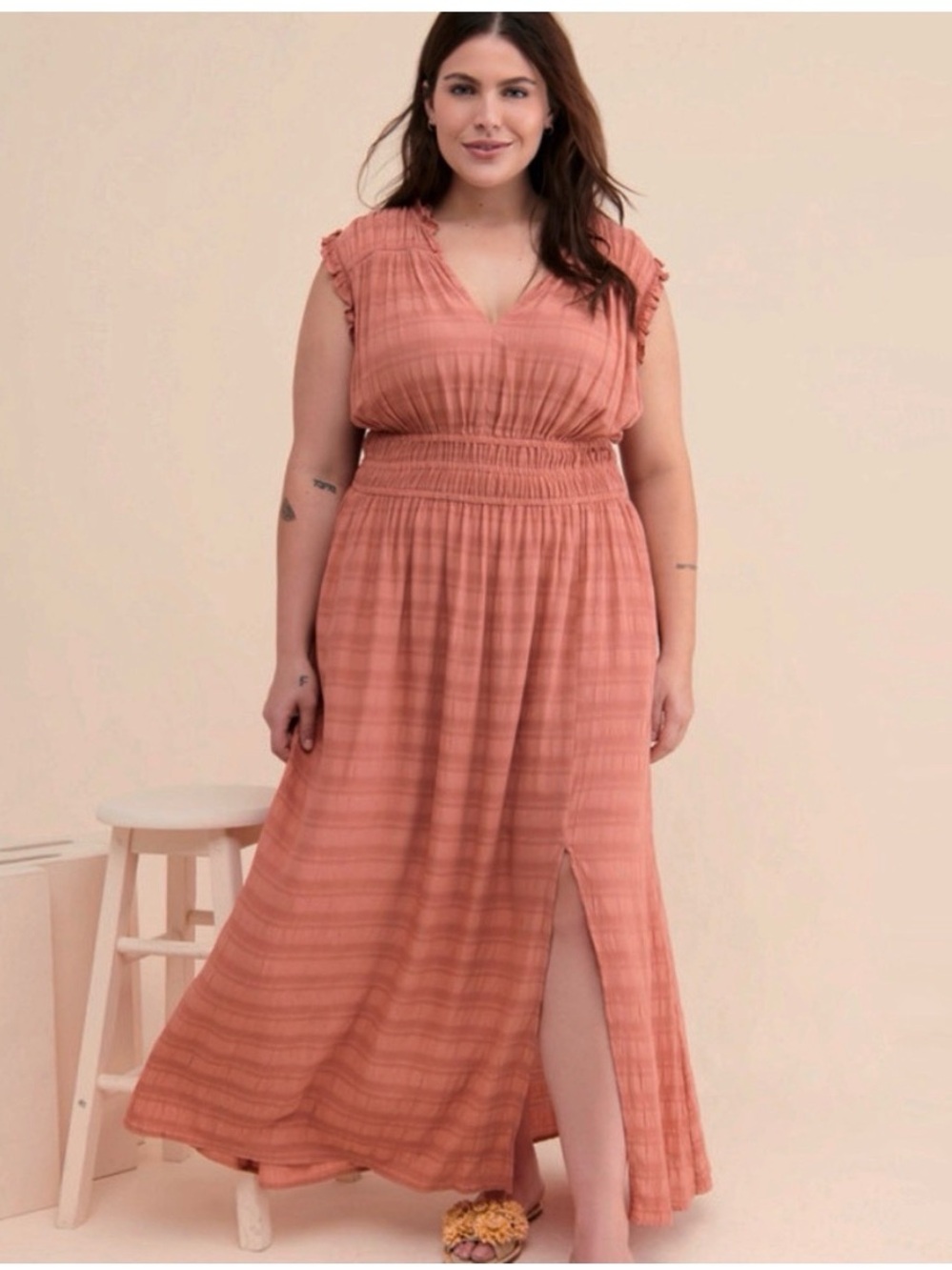 Anthropologie Filipia Dress LP Petite Coral Maxi Smocked Ruffle Boho Cottagecore